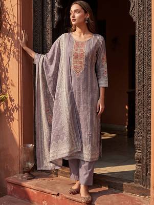 Womens lavender pure cotton ethnic motifs printed  straight kurta sets 2