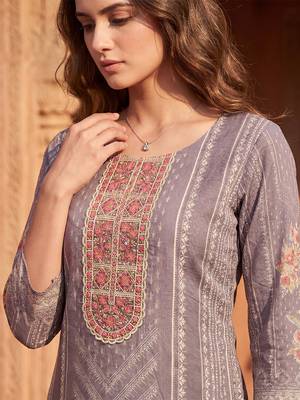 Womens lavender pure cotton ethnic motifs printed  straight kurta sets 3
