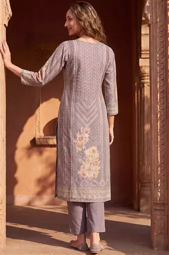 Womens lavender pure cotton ethnic motifs printed  straight kurta sets