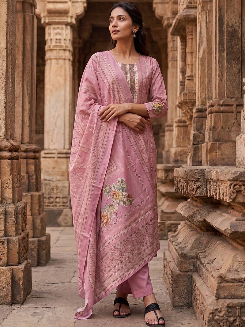 Womens pink pure cotton ethnic motifs printed  straight kurta sets