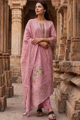 Womens pink pure cotton ethnic motifs printed  straight kurta sets