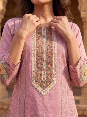 Womens pink pure cotton ethnic motifs printed  straight kurta sets 3
