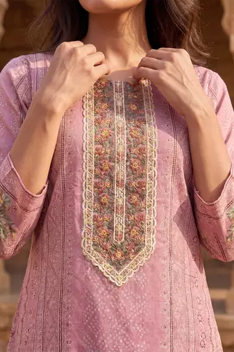 Womens pink pure cotton ethnic motifs printed  straight kurta sets