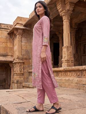 Womens pink pure cotton ethnic motifs printed  straight kurta sets 4