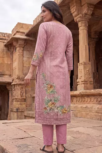 Womens pink pure cotton ethnic motifs printed  straight kurta sets