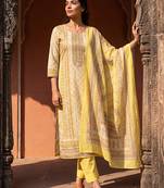 Womens yellow pure cotton floral printed  straight kurta sets