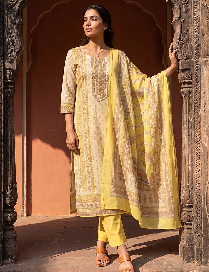 Womens yellow pure cotton floral printed  straight kurta sets