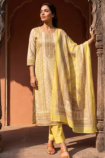 Womens yellow pure cotton floral printed  straight kurta sets
