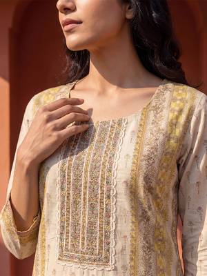 Womens yellow pure cotton floral printed  straight kurta sets 3