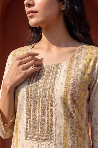 Womens yellow pure cotton floral printed  straight kurta sets