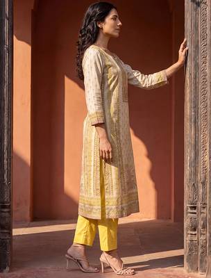 Womens yellow pure cotton floral printed  straight kurta sets 4