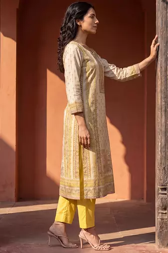 Womens yellow pure cotton floral printed  straight kurta sets
