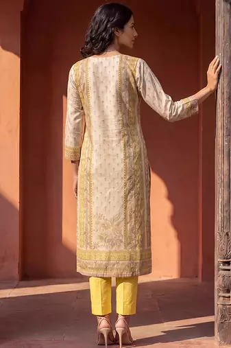 Womens yellow pure cotton floral printed  straight kurta sets