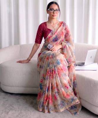 Women's kota doria floral printed saree with unstitched blouse piece 1