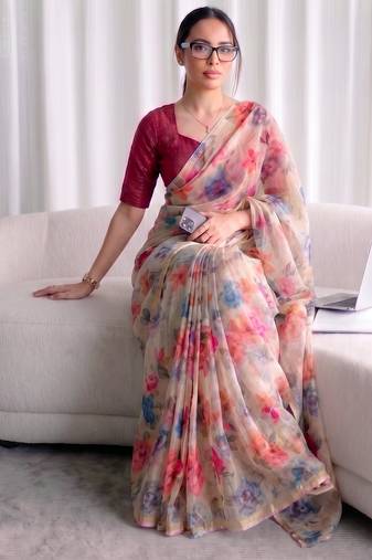 Women's kota doria floral printed saree with unstitched blouse piece