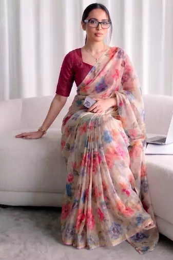 Women's kota doria floral printed saree with unstitched blouse piece