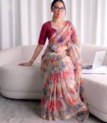 Women's kota doria floral printed saree with unstitched blouse piece