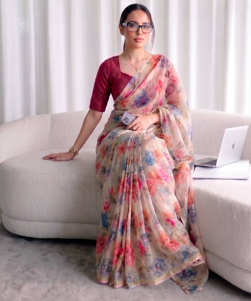 Women's kota doria floral printed saree with unstitched blouse piece