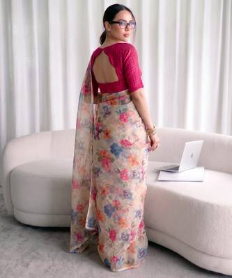 Women's kota doria floral printed saree with unstitched blouse piece 3