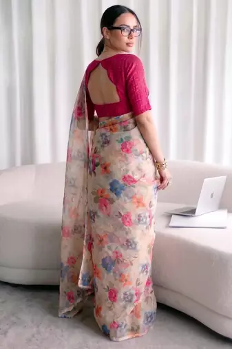 Women's kota doria floral printed saree with unstitched blouse piece