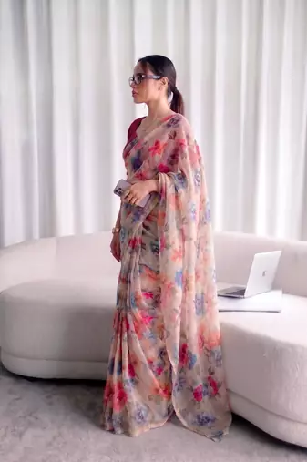 Women's kota doria floral printed saree with unstitched blouse piece