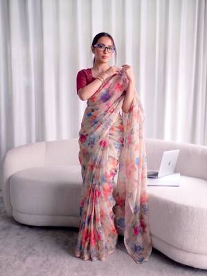 Women's kota doria floral printed saree with unstitched blouse piece 5