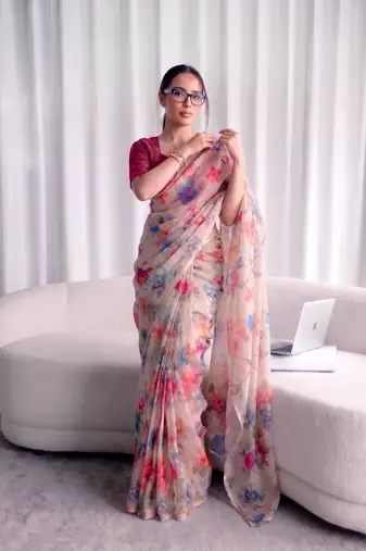 Women's kota doria floral printed saree with unstitched blouse piece