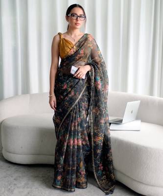 Women's kota doria floral printed saree with unstitched blouse piece 2