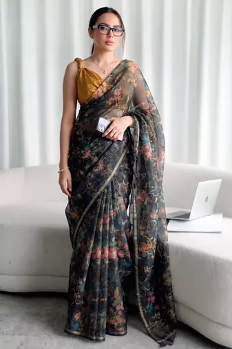 Women's kota doria floral printed saree with unstitched blouse piece