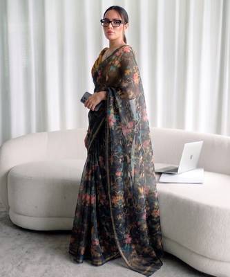 Women's kota doria floral printed saree with unstitched blouse piece 3