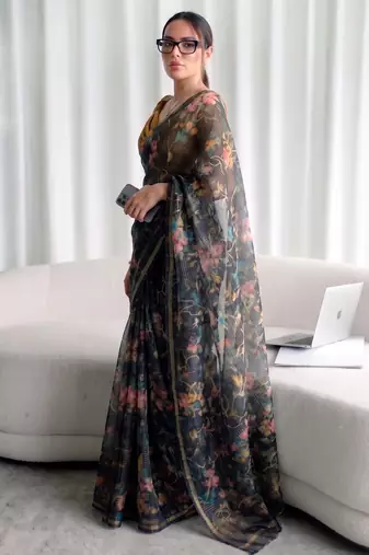 Women's kota doria floral printed saree with unstitched blouse piece