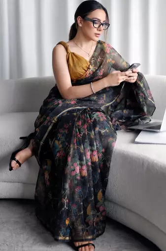 Women's kota doria floral printed saree with unstitched blouse piece