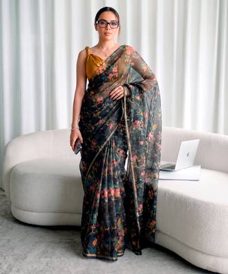Women's kota doria floral printed saree with unstitched blouse piece 5