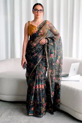 Women's kota doria floral printed saree with unstitched blouse piece