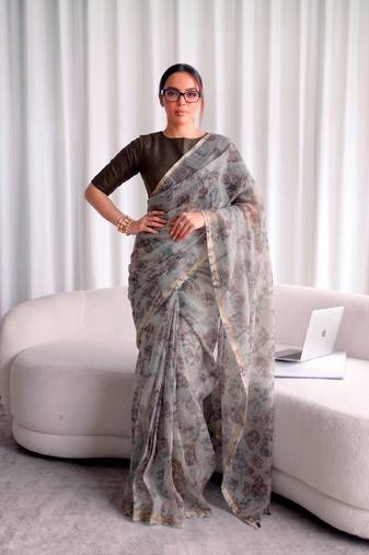 Women's kota doria floral printed saree with unstitched blouse piece