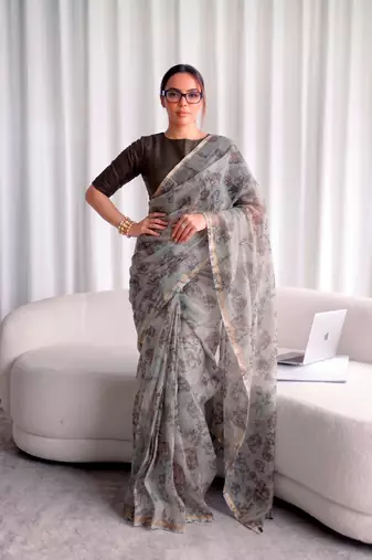 Women's kota doria floral printed saree with unstitched blouse piece
