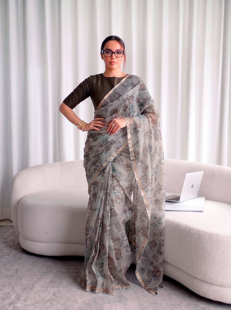 Women's kota doria floral printed saree with unstitched blouse piece