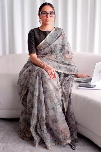 Women's kota doria floral printed saree with unstitched blouse piece