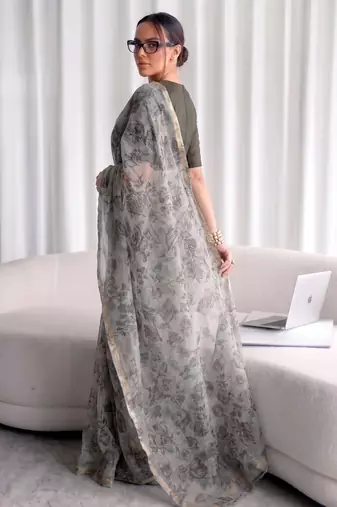 Women's kota doria floral printed saree with unstitched blouse piece