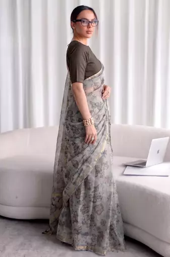 Women's kota doria floral printed saree with unstitched blouse piece