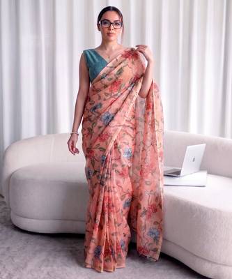 Women's kota doria floral printed saree with unstitched blouse piece 1