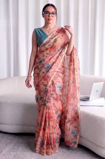 Women's kota doria floral printed saree with unstitched blouse piece