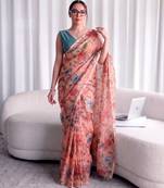 Women's kota doria floral printed saree with unstitched blouse piece