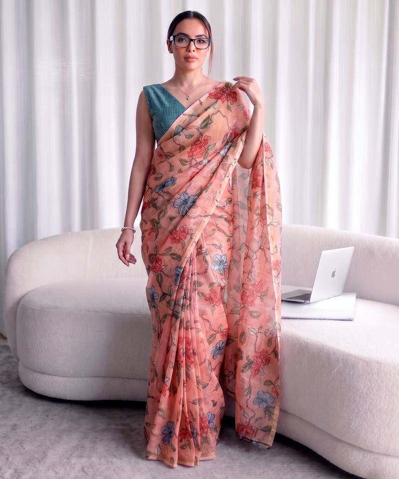 Women's kota doria floral printed saree with unstitched blouse piece
