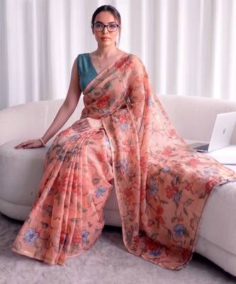 Women's kota doria floral printed saree with unstitched blouse piece 2