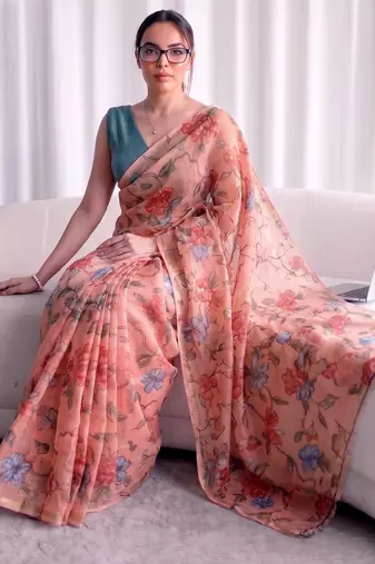 Women's kota doria floral printed saree with unstitched blouse piece