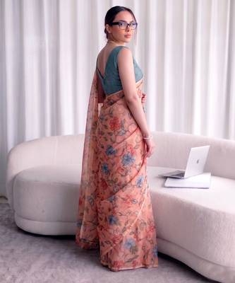 Women's kota doria floral printed saree with unstitched blouse piece 3