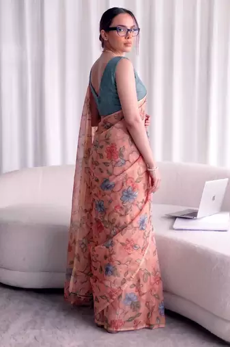 Women's kota doria floral printed saree with unstitched blouse piece
