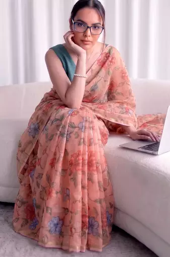 Women's kota doria floral printed saree with unstitched blouse piece