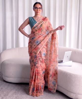 Women's kota doria floral printed saree with unstitched blouse piece 5